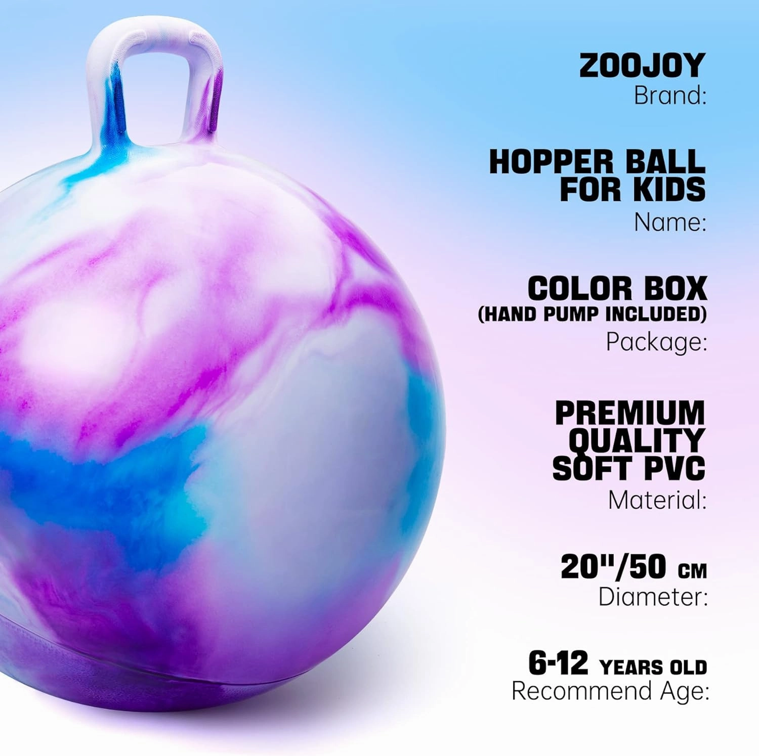 Hopper Ball, Hopping Toys for Kids, 20 inch Bouncy Ball with Handle for Boys Girls Aged 5-12, Inflatable Clouds Bounce Hopper Toy with Pump