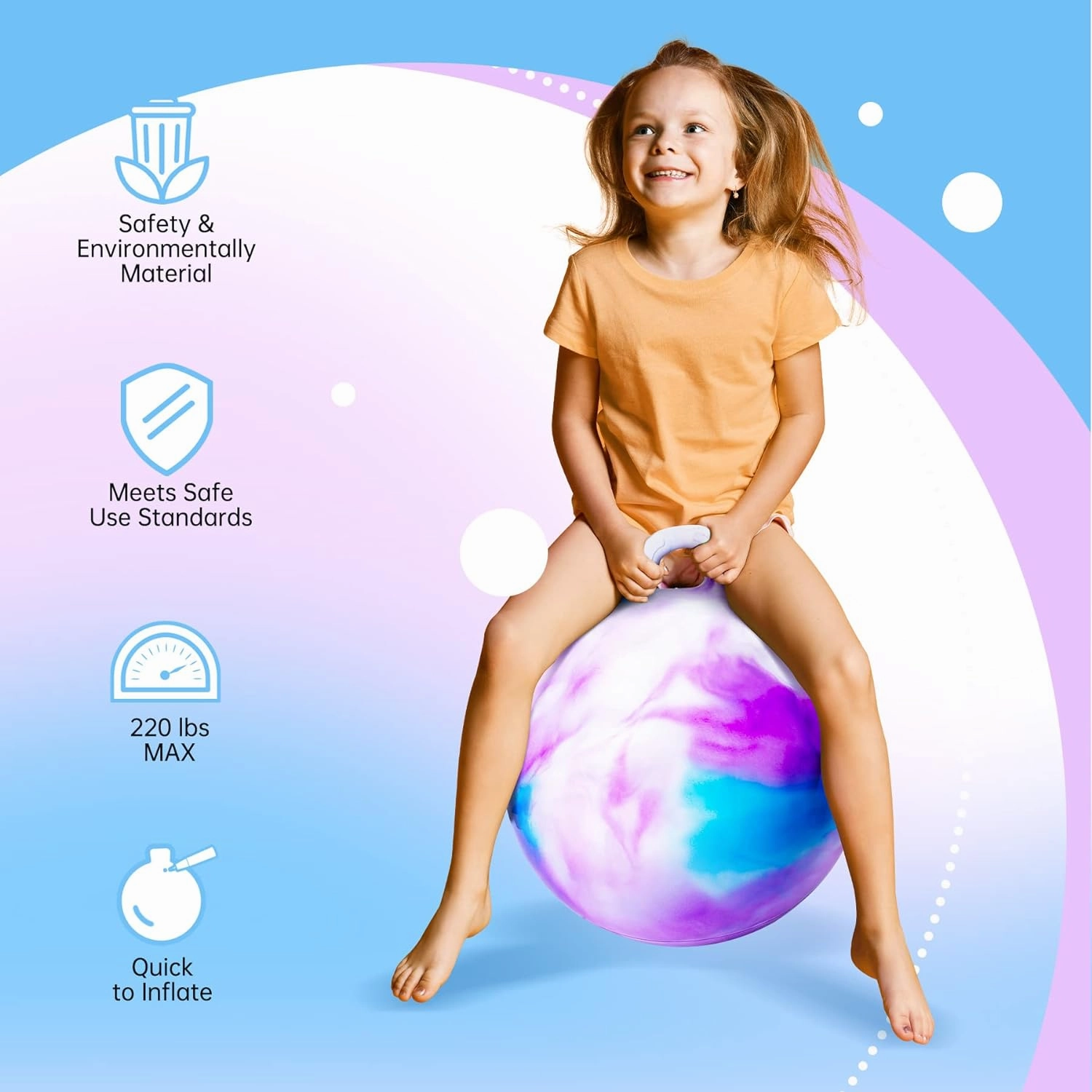 Hopper Ball, Hopping Toys for Kids, 20 inch Bouncy Ball with Handle for Boys Girls Aged 5-12, Inflatable Clouds Bounce Hopper Toy with Pump