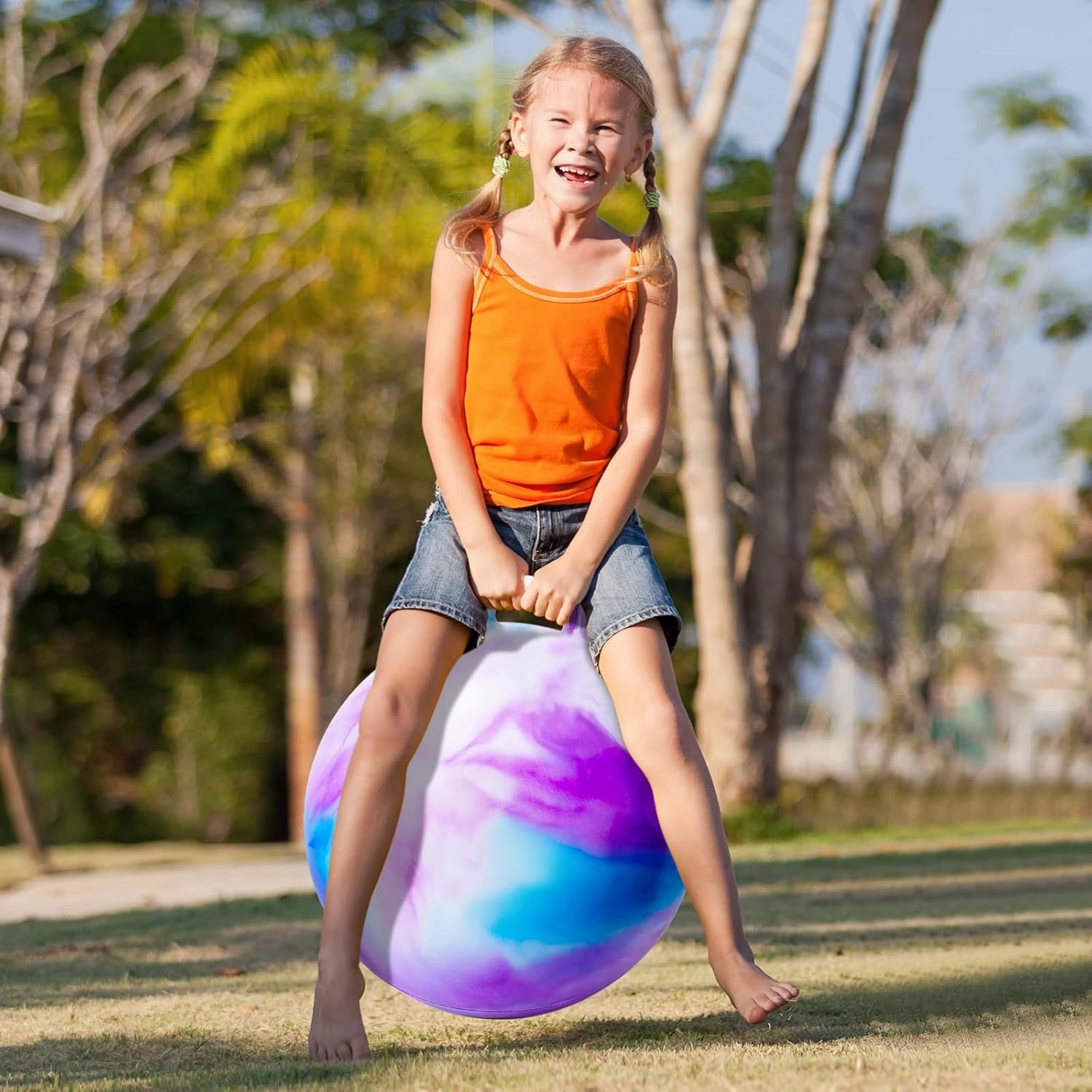 Hopper Ball, Hopping Toys for Kids, 20 inch Bouncy Ball with Handle for Boys Girls Aged 5-12, Inflatable Clouds Bounce Hopper Toy with Pump