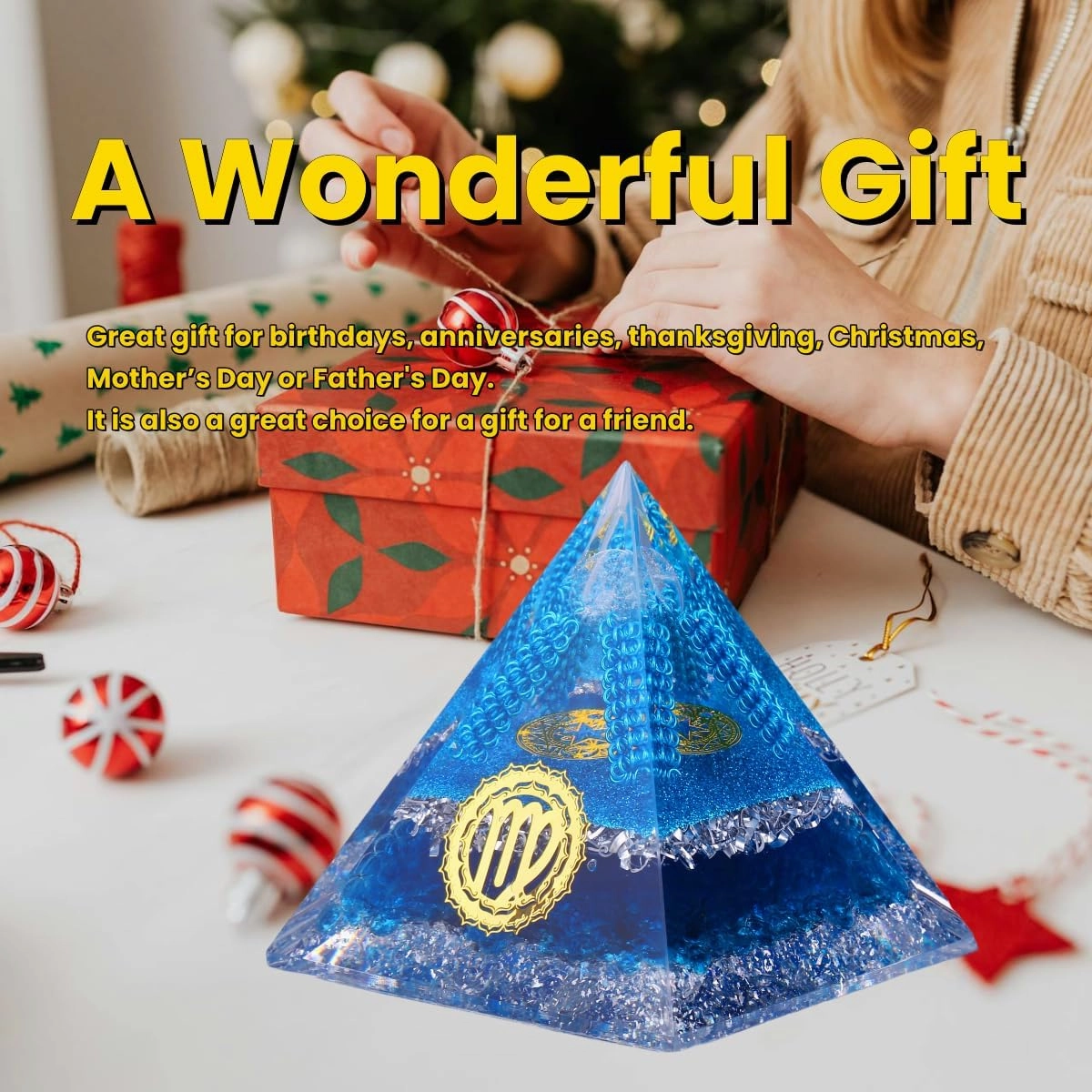 Horoscope Orgone Pyramid, Energy Crystal Virgo Zodiac Sign Gift Made of Natural Luck White Crystal & Natural kyanite Crystal for Confidence and Passion