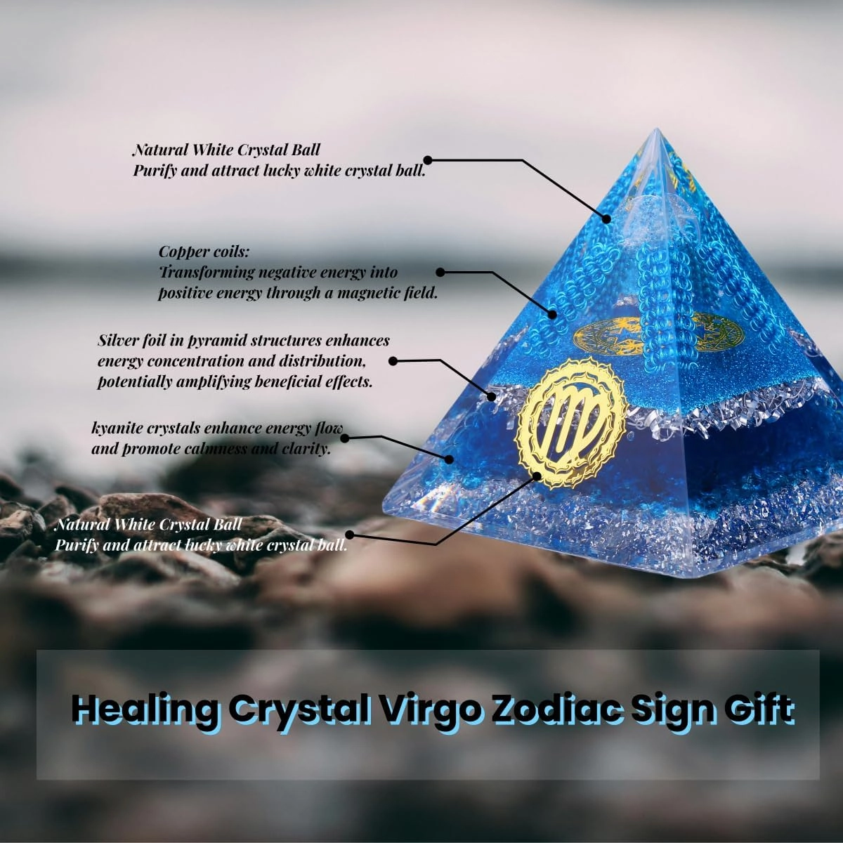 Horoscope Orgone Pyramid, Energy Crystal Virgo Zodiac Sign Gift Made of Natural Luck White Crystal & Natural kyanite Crystal for Confidence and Passion