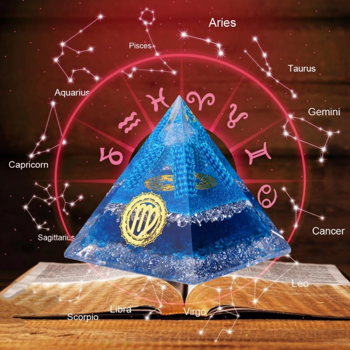 Horoscope Orgone Pyramid, Energy Crystal Virgo Zodiac Sign Gift Made of Natural Luck White Crystal & Natural kyanite Crystal for Confidence and Passion
