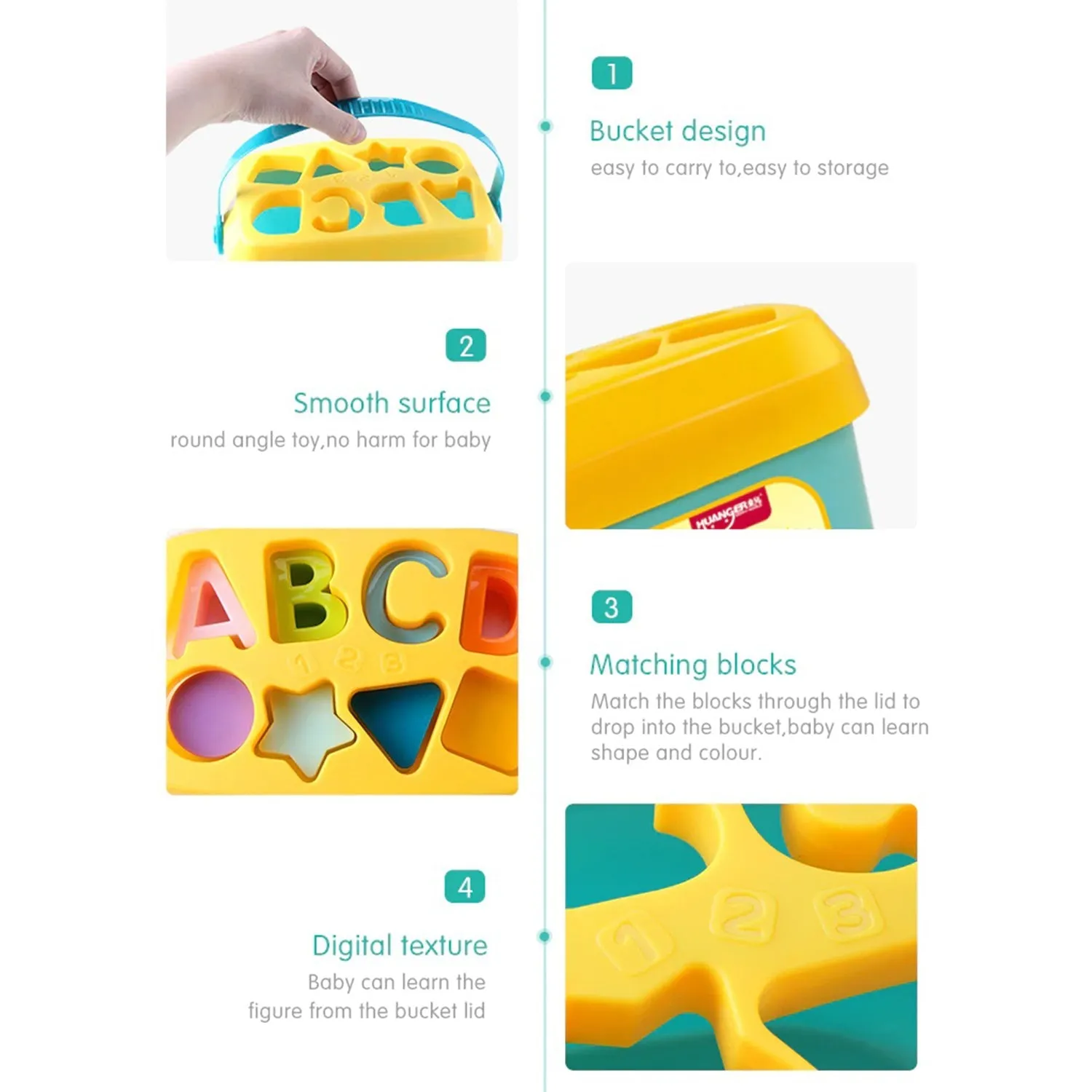 Huanger Baby’s First Blocks | Shape Sorter | Alphabets | 16 Blocks