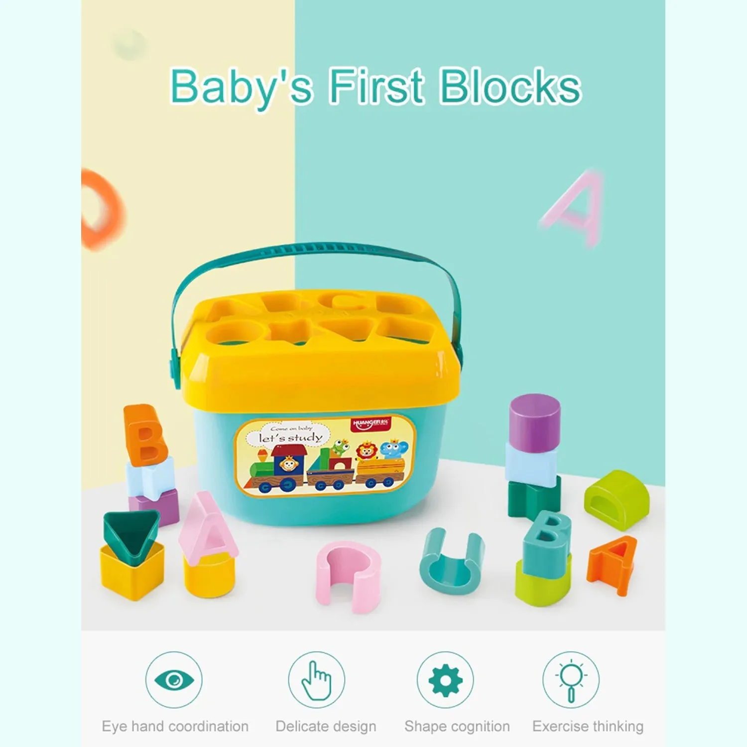 Huanger Baby’s First Blocks | Shape Sorter | Alphabets | 16 Blocks