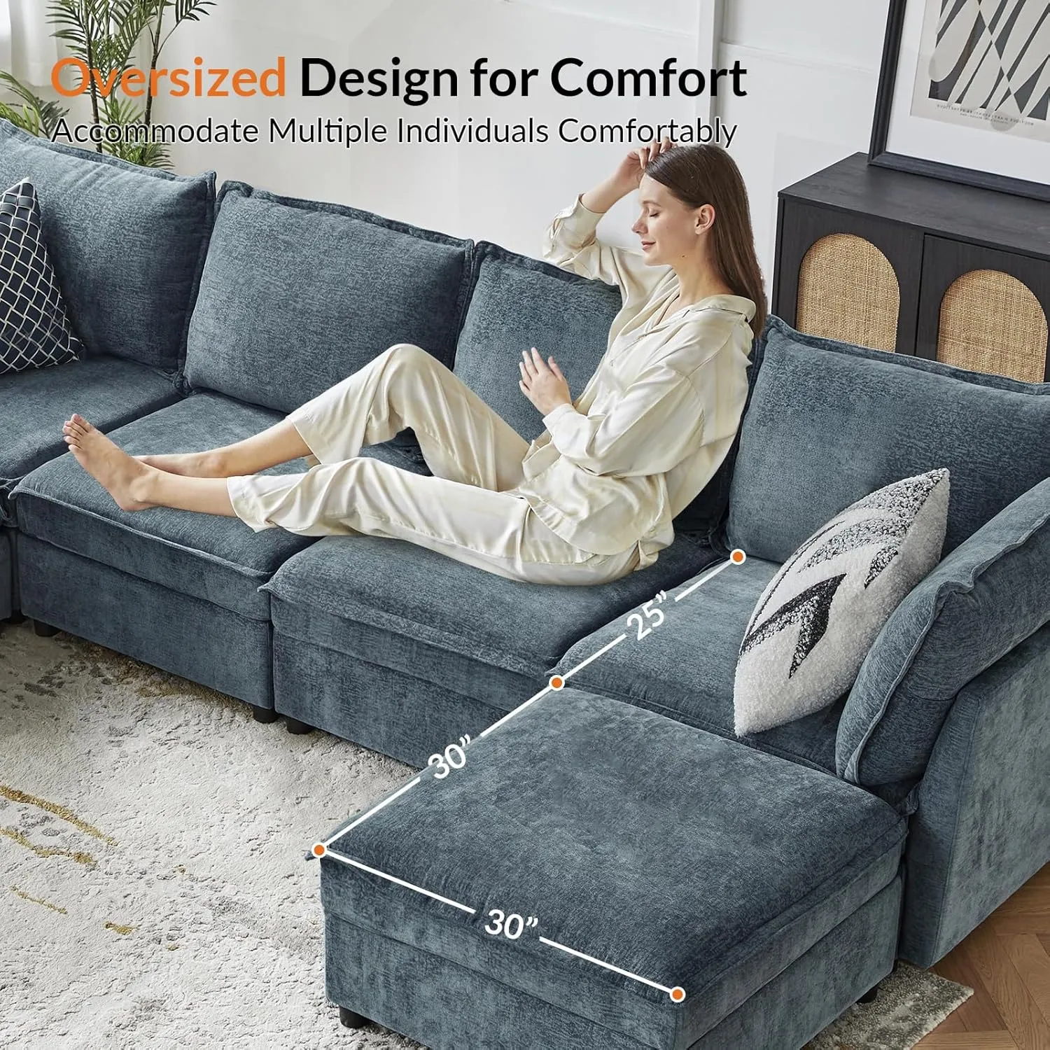 HULALA HOME 127'' Modular Sectional Sofa, Oversized U Shaped Couch with Storage Ottoman, Extra Deep Seat, Modern Comfy Chenille Sofa with Chaise, 6 Seat Convertible Couches for Living Room, Blue