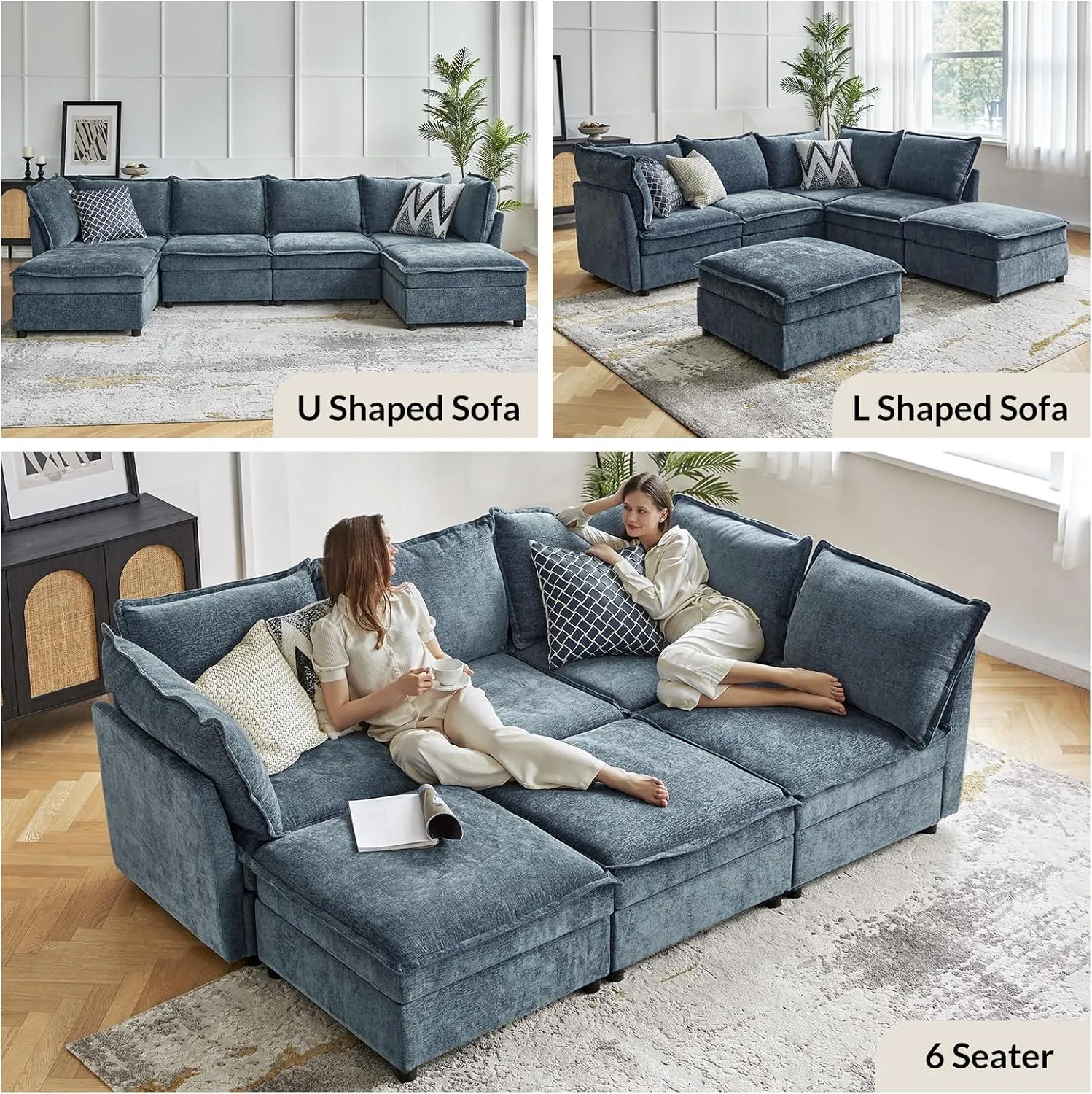 HULALA HOME 127'' Modular Sectional Sofa, Oversized U Shaped Couch with Storage Ottoman, Extra Deep Seat, Modern Comfy Chenille Sofa with Chaise, 6 Seat Convertible Couches for Living Room, Blue