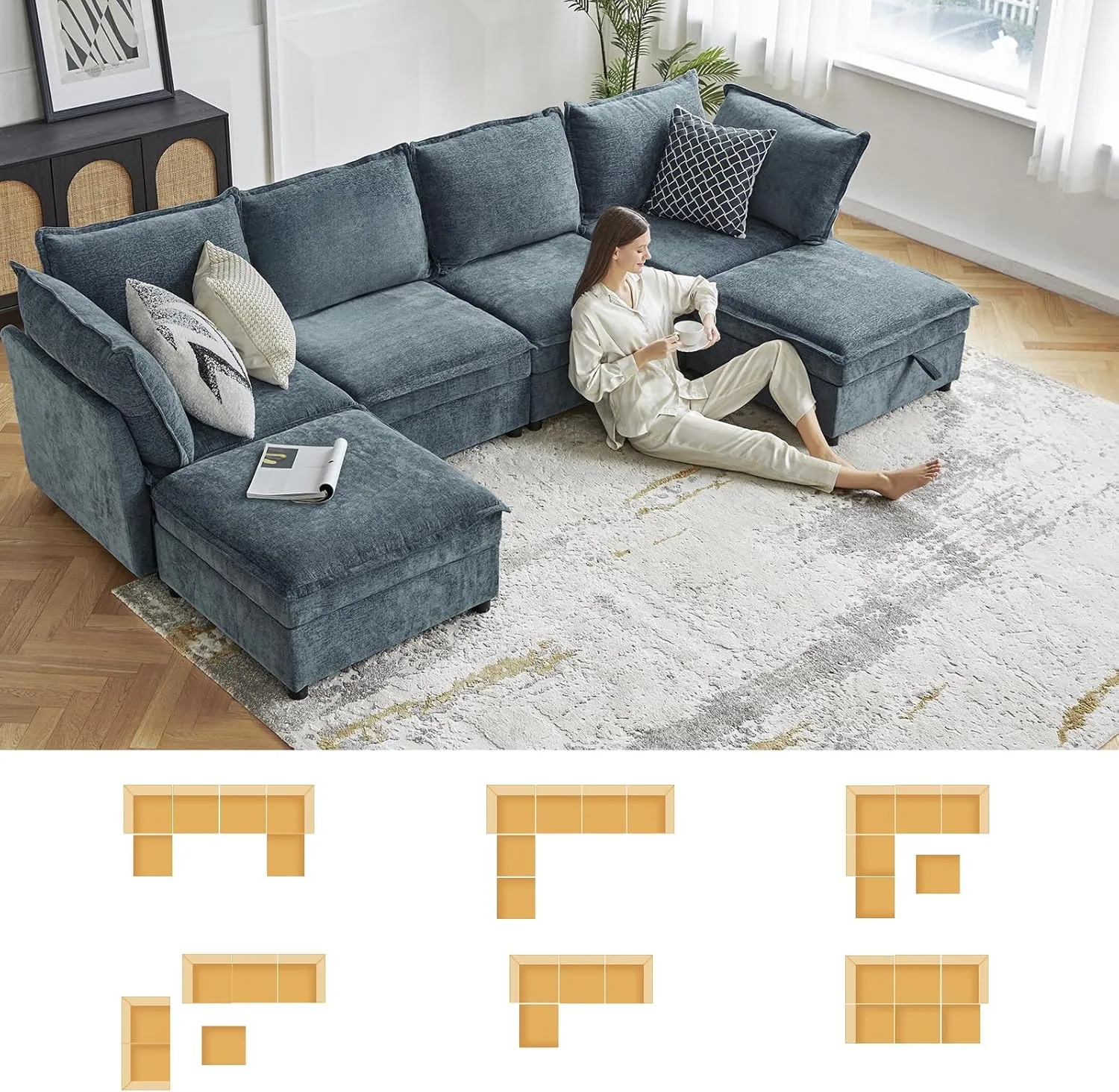 HULALA HOME 127'' Modular Sectional Sofa, Oversized U Shaped Couch with Storage Ottoman, Extra Deep Seat, Modern Comfy Chenille Sofa with Chaise, 6 Seat Convertible Couches for Living Room, Blue