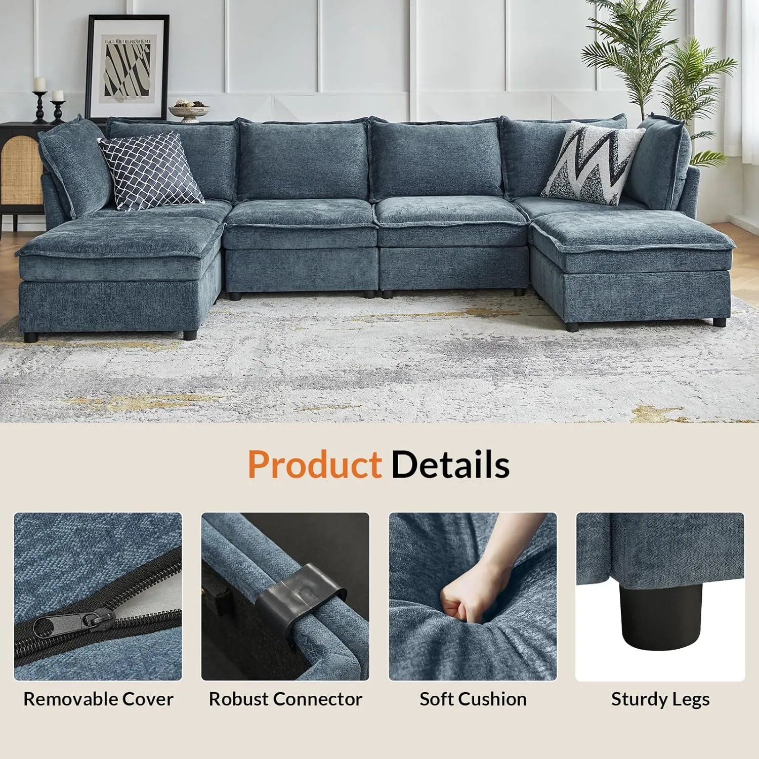 HULALA HOME 127'' Modular Sectional Sofa, Oversized U Shaped Couch with Storage Ottoman, Extra Deep Seat, Modern Comfy Chenille Sofa with Chaise, 6 Seat Convertible Couches for Living Room, Blue