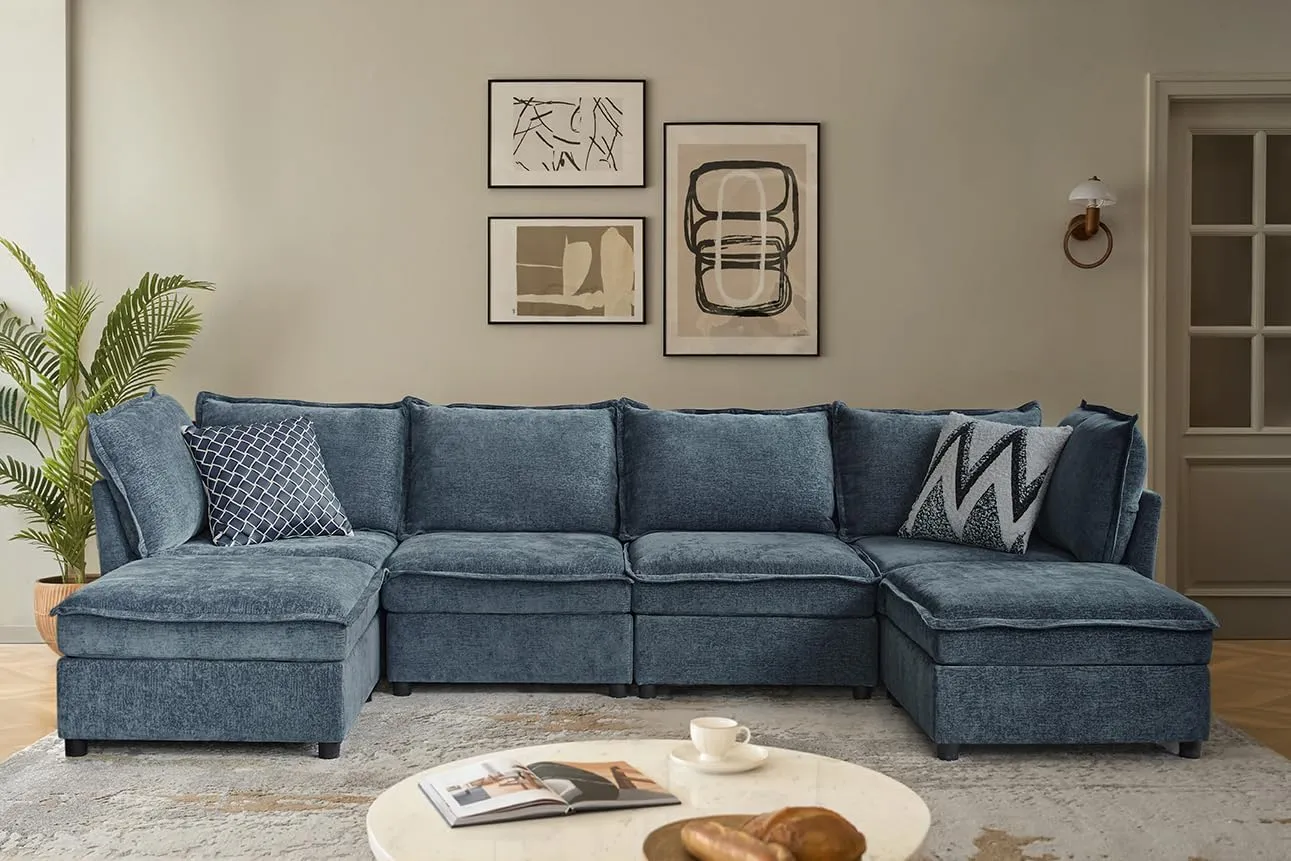 HULALA HOME 127'' Modular Sectional Sofa, Oversized U Shaped Couch with Storage Ottoman, Extra Deep Seat, Modern Comfy Chenille Sofa with Chaise, 6 Seat Convertible Couches for Living Room, Blue