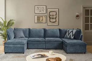 HULALA HOME 127'' Modular Sectional Sofa, Oversized U Shaped Couch with Storage Ottoman, Extra Deep Seat, Modern Comfy Chenille Sofa with Chaise, 6 Seat Convertible Couches for Living Room, Blue