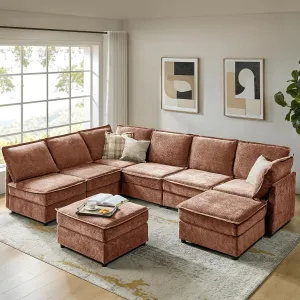 HULALA HOME Oversized Modular Sectional Sofa, 8 Seat U Shaped Couch with Storage Ottoman, Extra Deep Seat, Modern Chenille Sofa with Chaise, Convertible Sectional Couches for Living Room, Chocolate