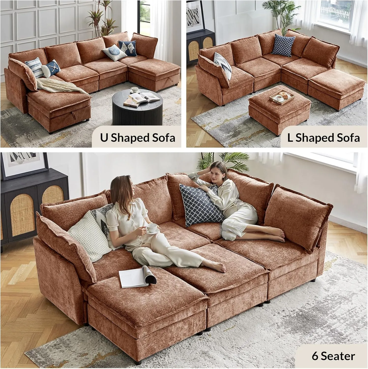 HULALA HOME Oversized Modular Sectional Sofa, 8 Seat U Shaped Couch with Storage Ottoman, Extra Deep Seat, Modern Chenille Sofa with Chaise, Convertible Sectional Couches for Living Room, Chocolate