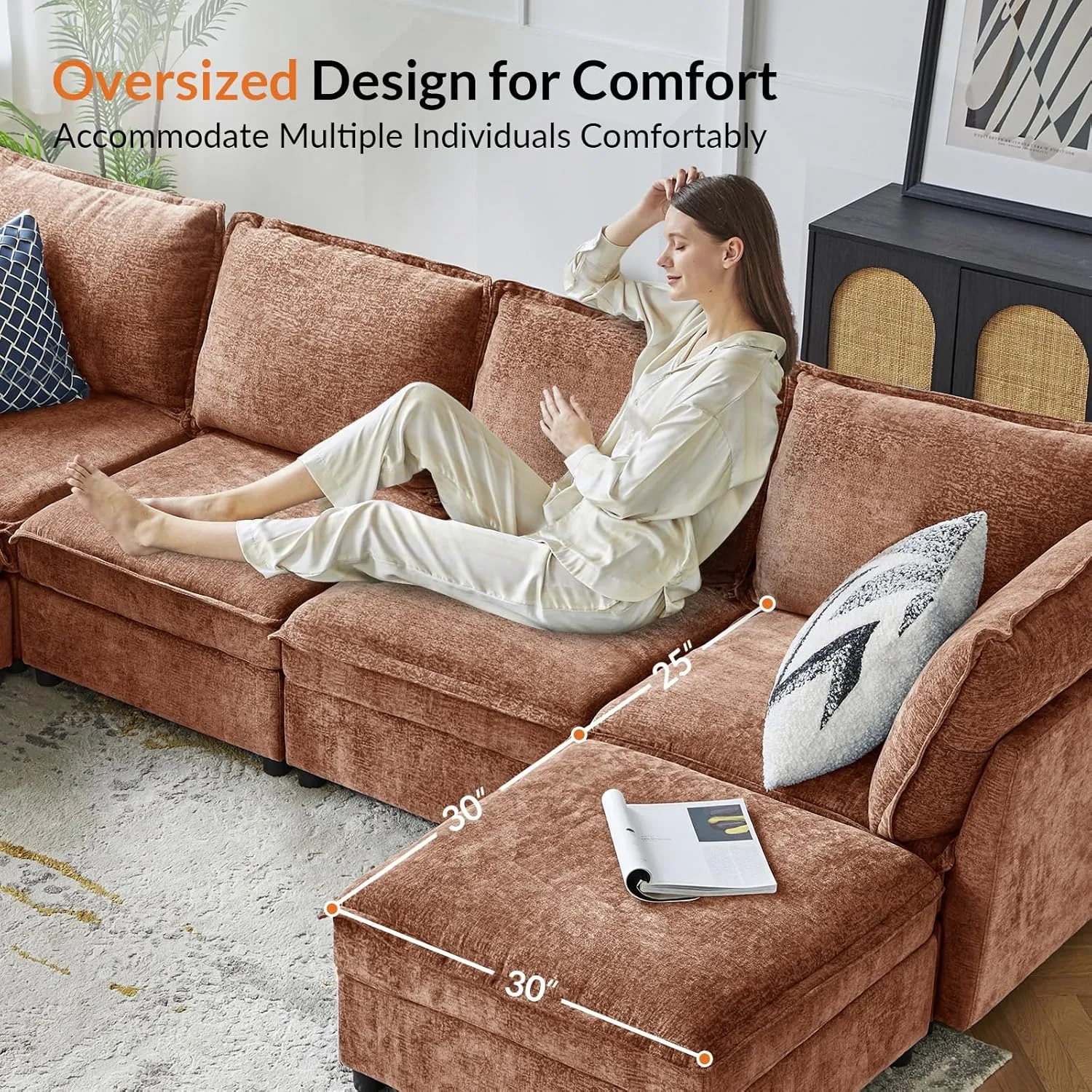 HULALA HOME Oversized Modular Sectional Sofa, 8 Seat U Shaped Couch with Storage Ottoman, Extra Deep Seat, Modern Chenille Sofa with Chaise, Convertible Sectional Couches for Living Room, Chocolate