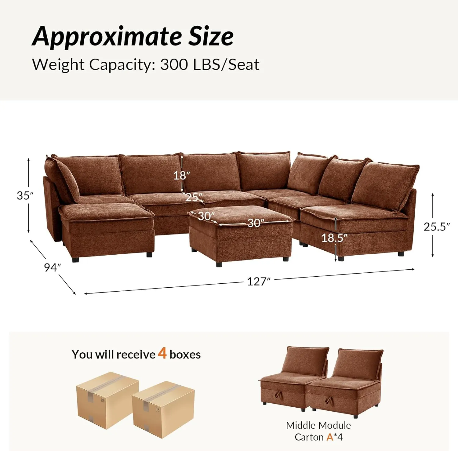 HULALA HOME Oversized Modular Sectional Sofa, 8 Seat U Shaped Couch with Storage Ottoman, Extra Deep Seat, Modern Chenille Sofa with Chaise, Convertible Sectional Couches for Living Room, Chocolate