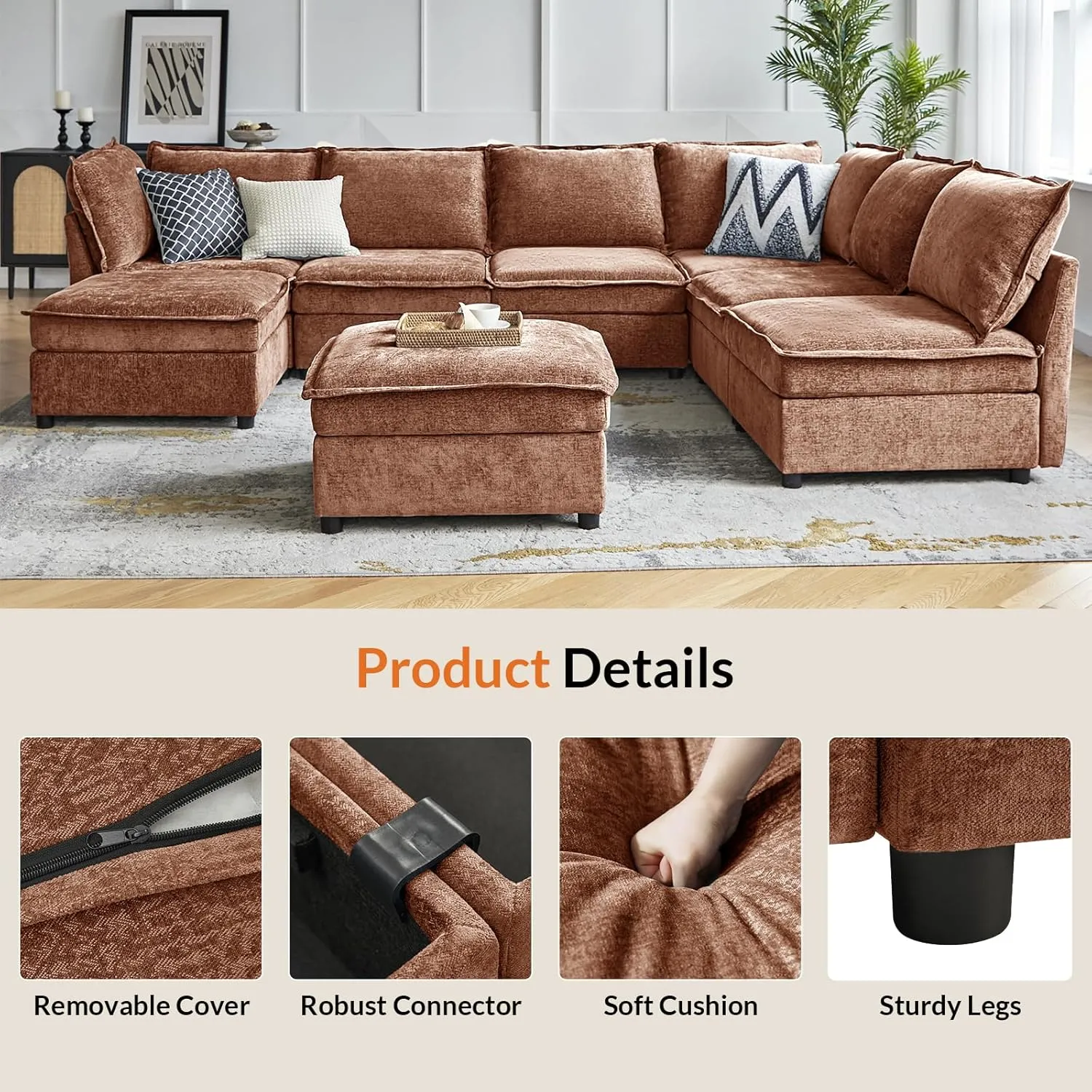 HULALA HOME Oversized Modular Sectional Sofa, 8 Seat U Shaped Couch with Storage Ottoman, Extra Deep Seat, Modern Chenille Sofa with Chaise, Convertible Sectional Couches for Living Room, Chocolate
