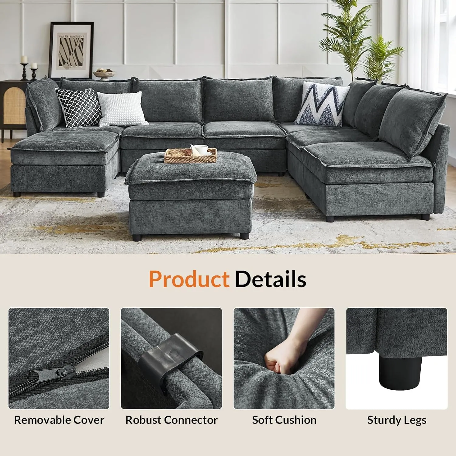 HULALA HOME Oversized Modular Sectional Sofa, 8 Seat U Shaped Couch with Storage Ottoman, Extra Deep Seat, Modern Comfy Chenille Sofa with Chaise, Convertible Sectional Couches for Living Room, Grey