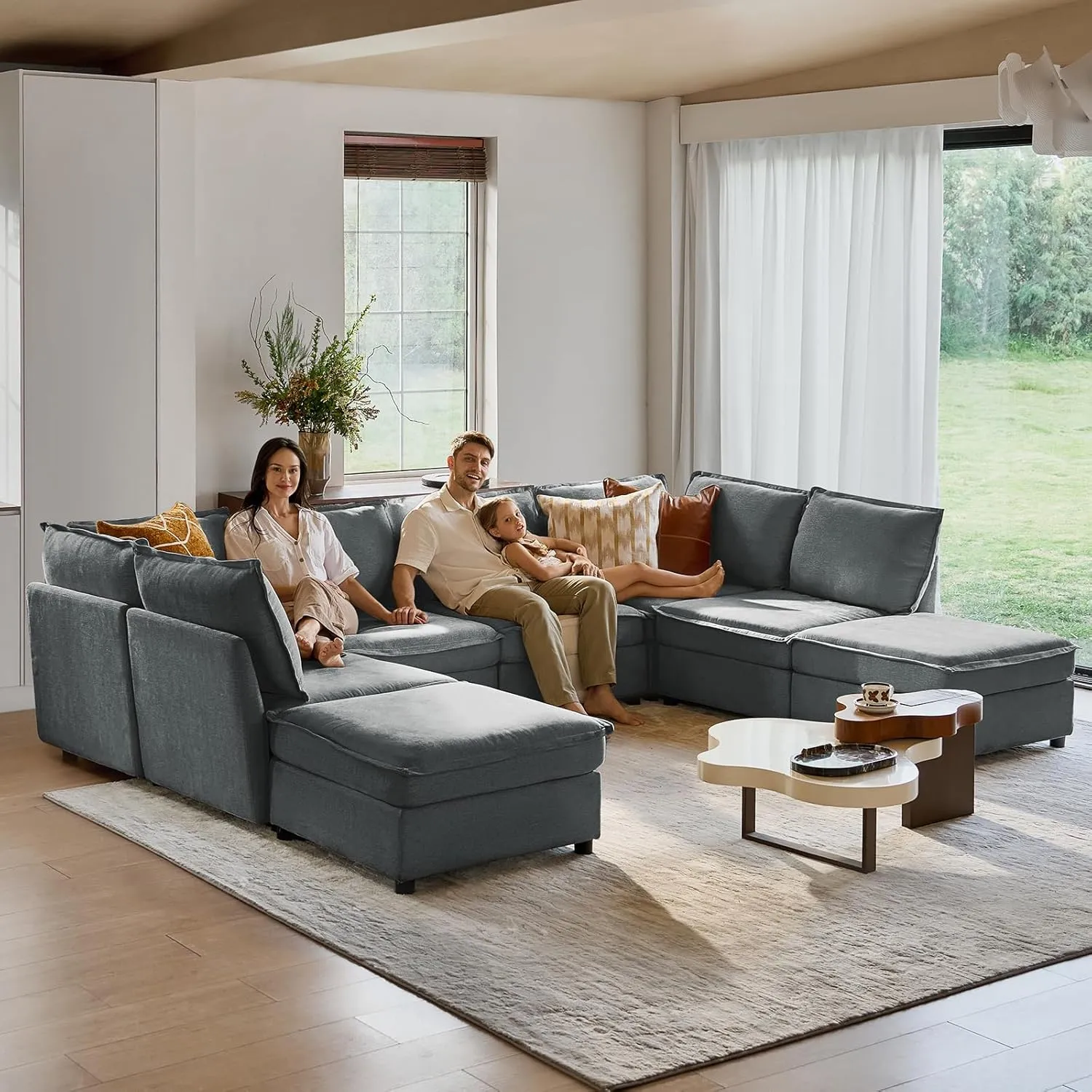 HULALA HOME Oversized Modular Sectional Sofa, 8 Seat U Shaped Couch with Storage Ottoman, Extra Deep Seat, Modern Comfy Chenille Sofa with Chaise, Convertible Sectional Couches for Living Room, Grey