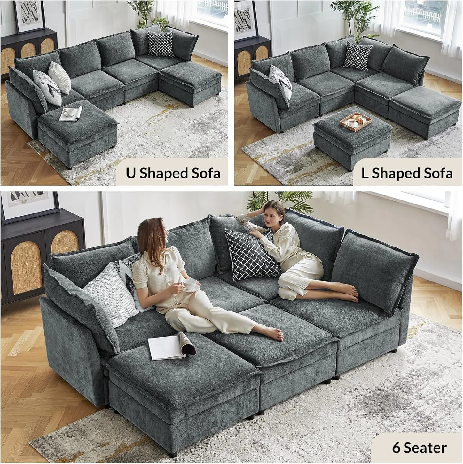 HULALA HOME Oversized Modular Sectional Sofa, 8 Seat U Shaped Couch with Storage Ottoman, Extra Deep Seat, Modern Comfy Chenille Sofa with Chaise, Convertible Sectional Couches for Living Room, Grey