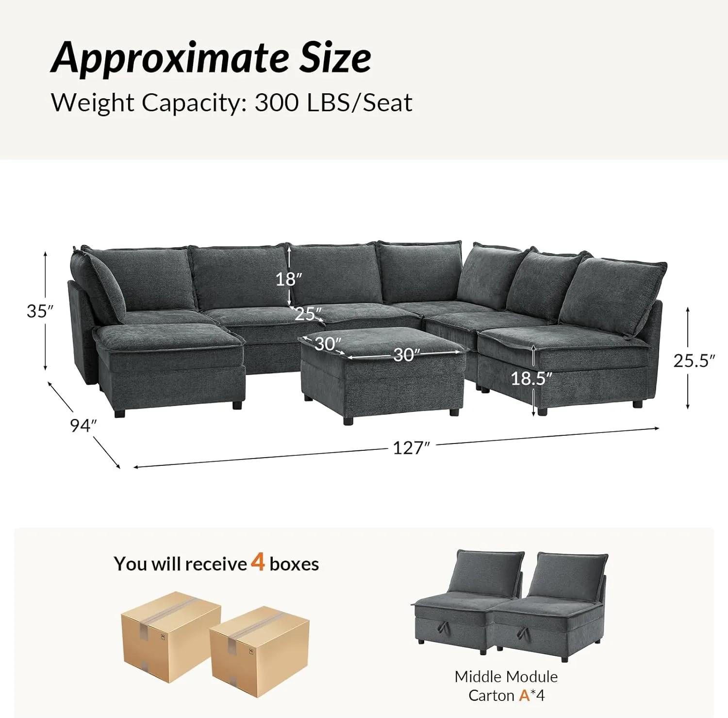 HULALA HOME Oversized Modular Sectional Sofa, 8 Seat U Shaped Couch with Storage Ottoman, Extra Deep Seat, Modern Comfy Chenille Sofa with Chaise, Convertible Sectional Couches for Living Room, Grey