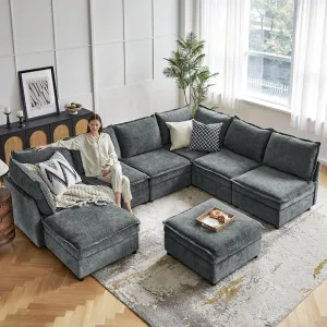HULALA HOME Oversized Modular Sectional Sofa, 8 Seat U Shaped Couch with Storage Ottoman, Extra Deep Seat, Modern Comfy Chenille Sofa with Chaise, Convertible Sectional Couches for Living Room, Grey