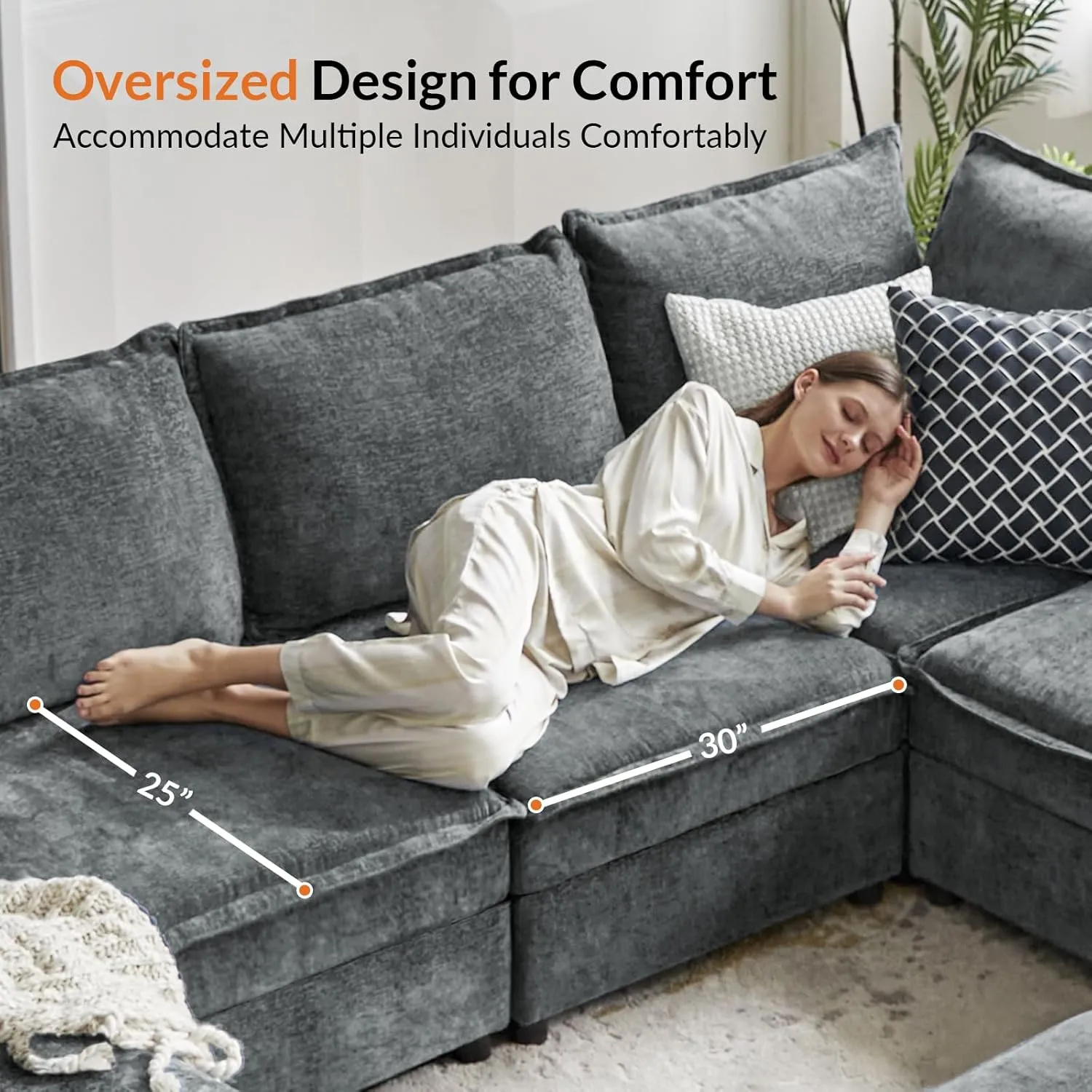 HULALA HOME Oversized Modular Sectional Sofa, 8 Seat U Shaped Couch with Storage Ottoman, Extra Deep Seat, Modern Comfy Chenille Sofa with Chaise, Convertible Sectional Couches for Living Room, Grey