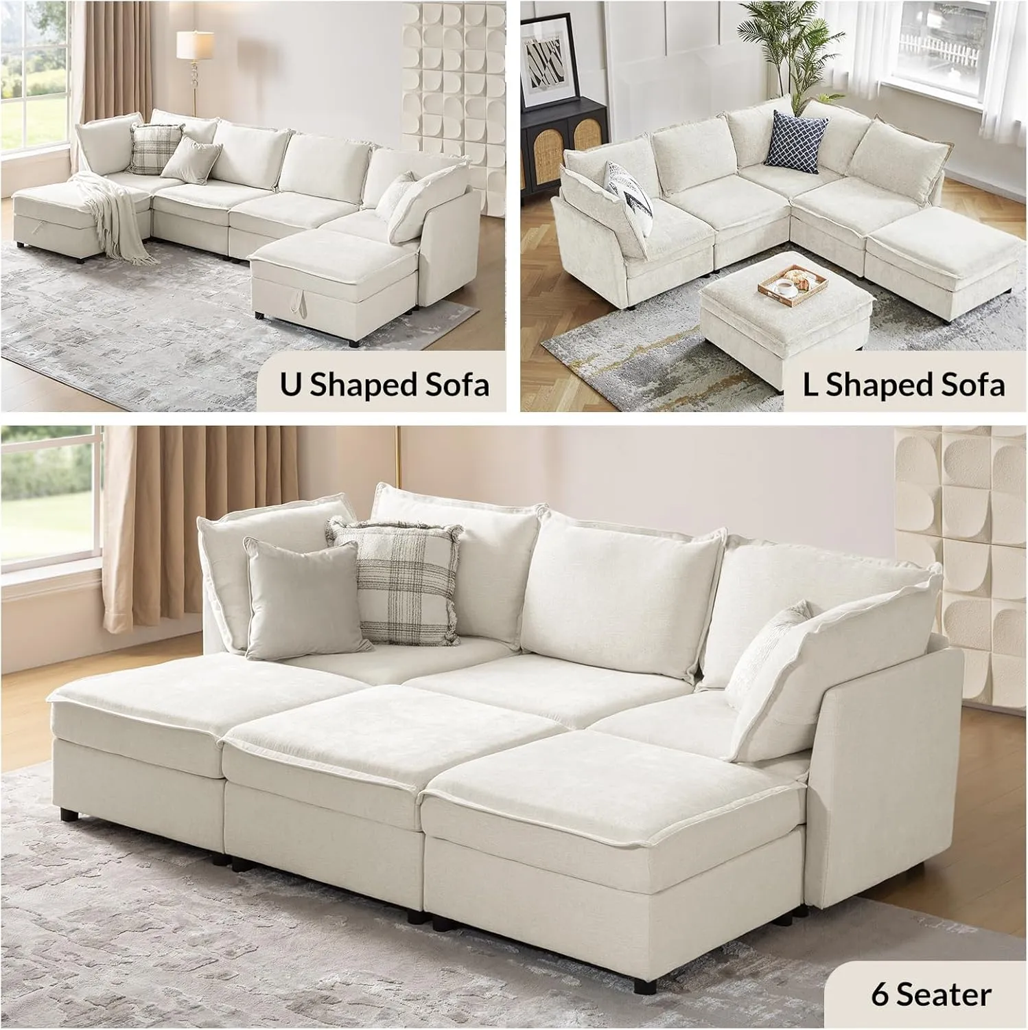HULALA HOME Oversized Modular Sectional Sofa, 8 Seat U Shaped Couch with Storage Ottoman, Extra Deep Seat, Modern Comfy Chenille Sofa with Chaise, Convertible Sectional Couches for Living Room, Ivory