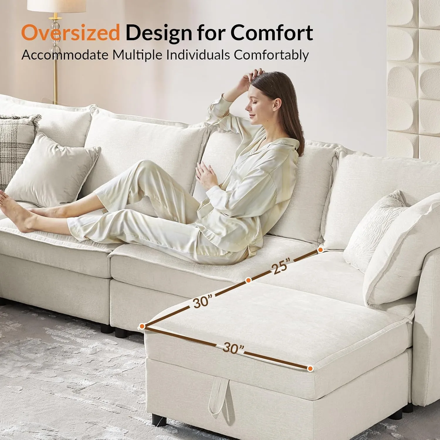 HULALA HOME Oversized Modular Sectional Sofa, 8 Seat U Shaped Couch with Storage Ottoman, Extra Deep Seat, Modern Comfy Chenille Sofa with Chaise, Convertible Sectional Couches for Living Room, Ivory