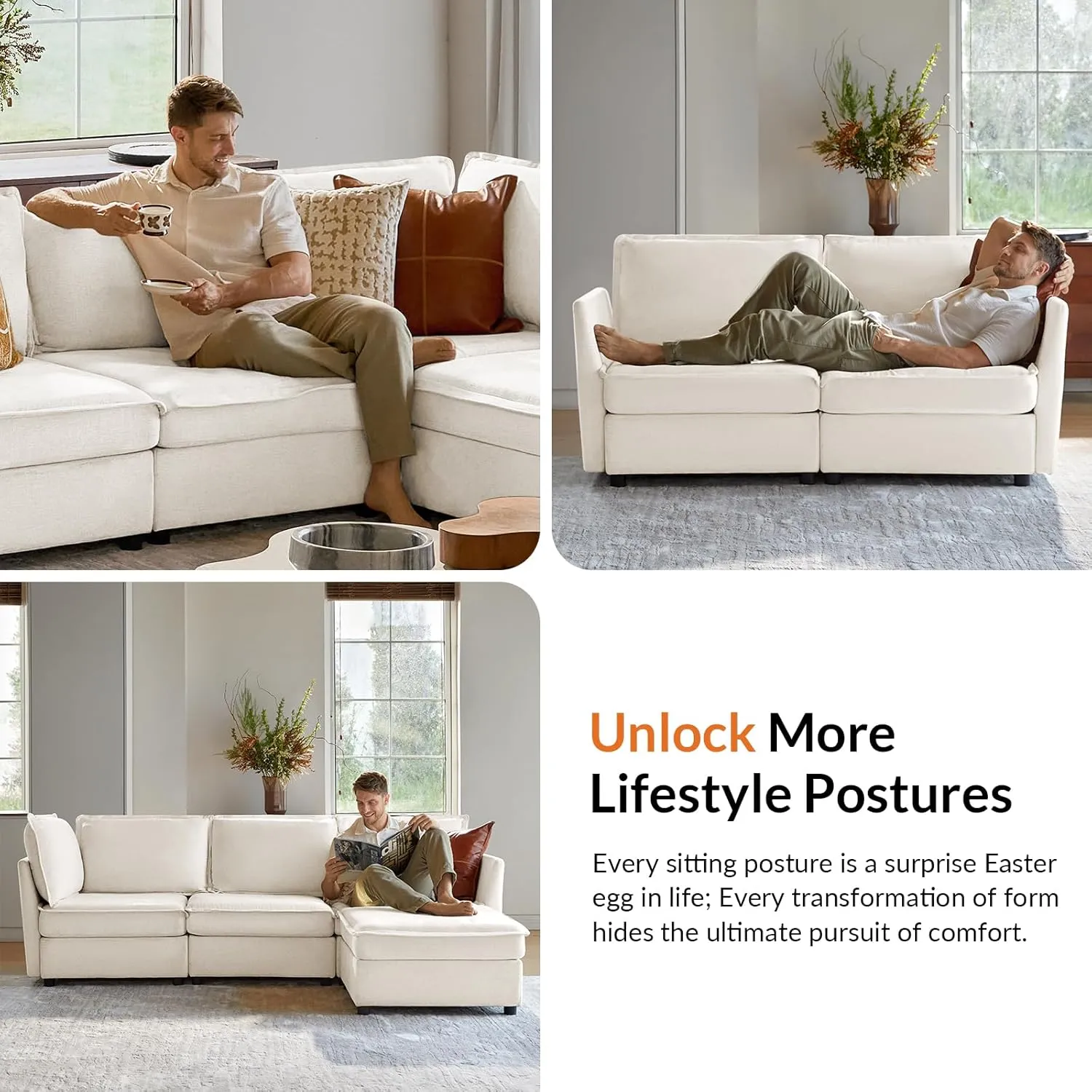 HULALA HOME Oversized Modular Sectional Sofa, 8 Seat U Shaped Couch with Storage Ottoman, Extra Deep Seat, Modern Comfy Chenille Sofa with Chaise, Convertible Sectional Couches for Living Room, Ivory