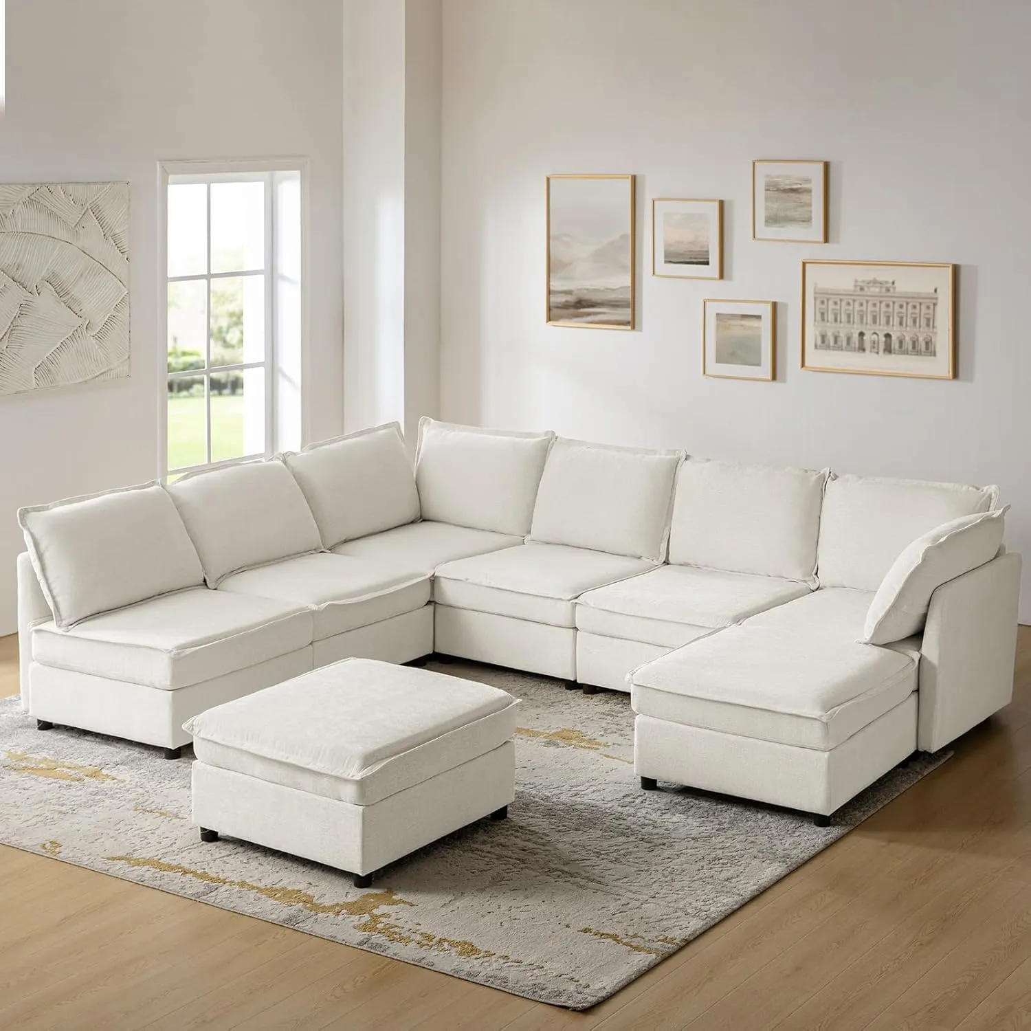 HULALA HOME Oversized Modular Sectional Sofa, 8 Seat U Shaped Couch with Storage Ottoman, Extra Deep Seat, Modern Comfy Chenille Sofa with Chaise, Convertible Sectional Couches for Living Room, Ivory