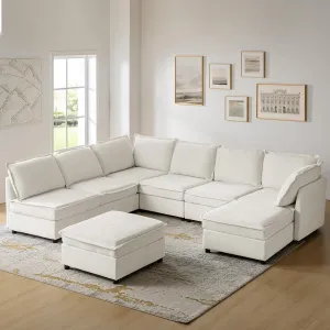 HULALA HOME Oversized Modular Sectional Sofa, 8 Seat U Shaped Couch with Storage Ottoman, Extra Deep Seat, Modern Comfy Chenille Sofa with Chaise, Convertible Sectional Couches for Living Room, Ivory