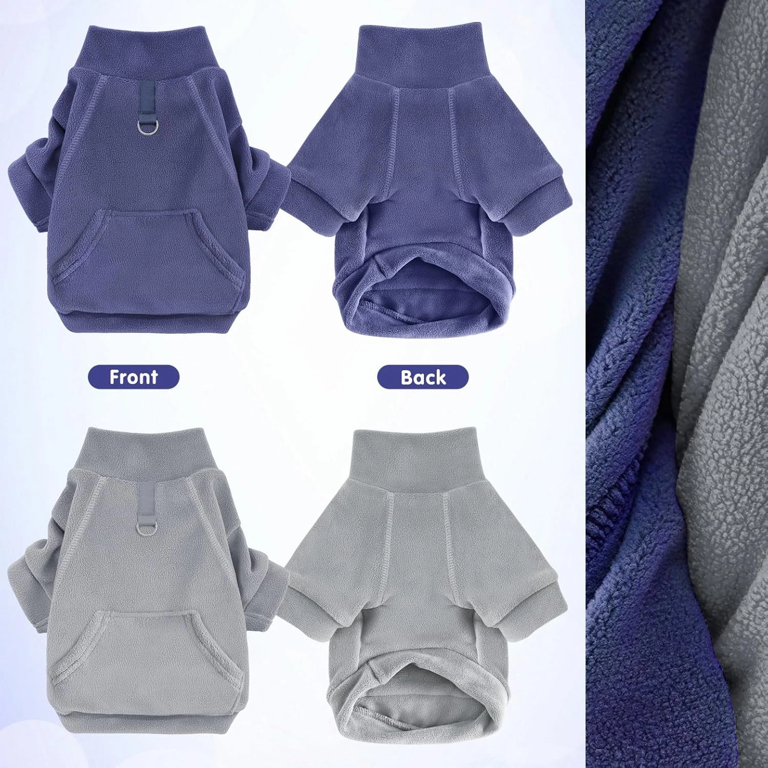 Idepet Fleece Dog Sweater 2 Pack, Winter Dog Clothes Turtleneck Dog Sweatshirt Pet Clothing Stretchy Small Dog Coat with Leash Ring Cat Apparel with Pocket (Grey Navy, X-Large)