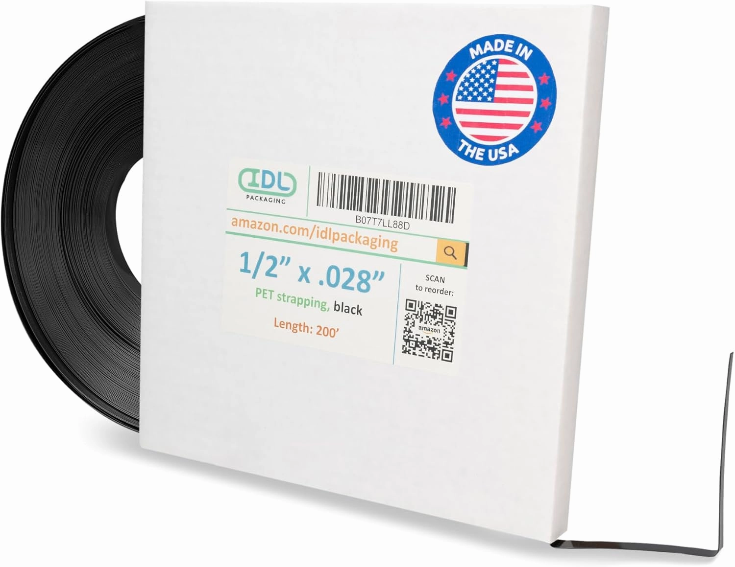 IDL Packaging 1/2" x .028" x 200' Mini Polyester (PET) Strapping Coil, 760 lbs Breaking Strength, Black - UV, Water and Rust Resistance - Flexible and Strong Packaging Banding