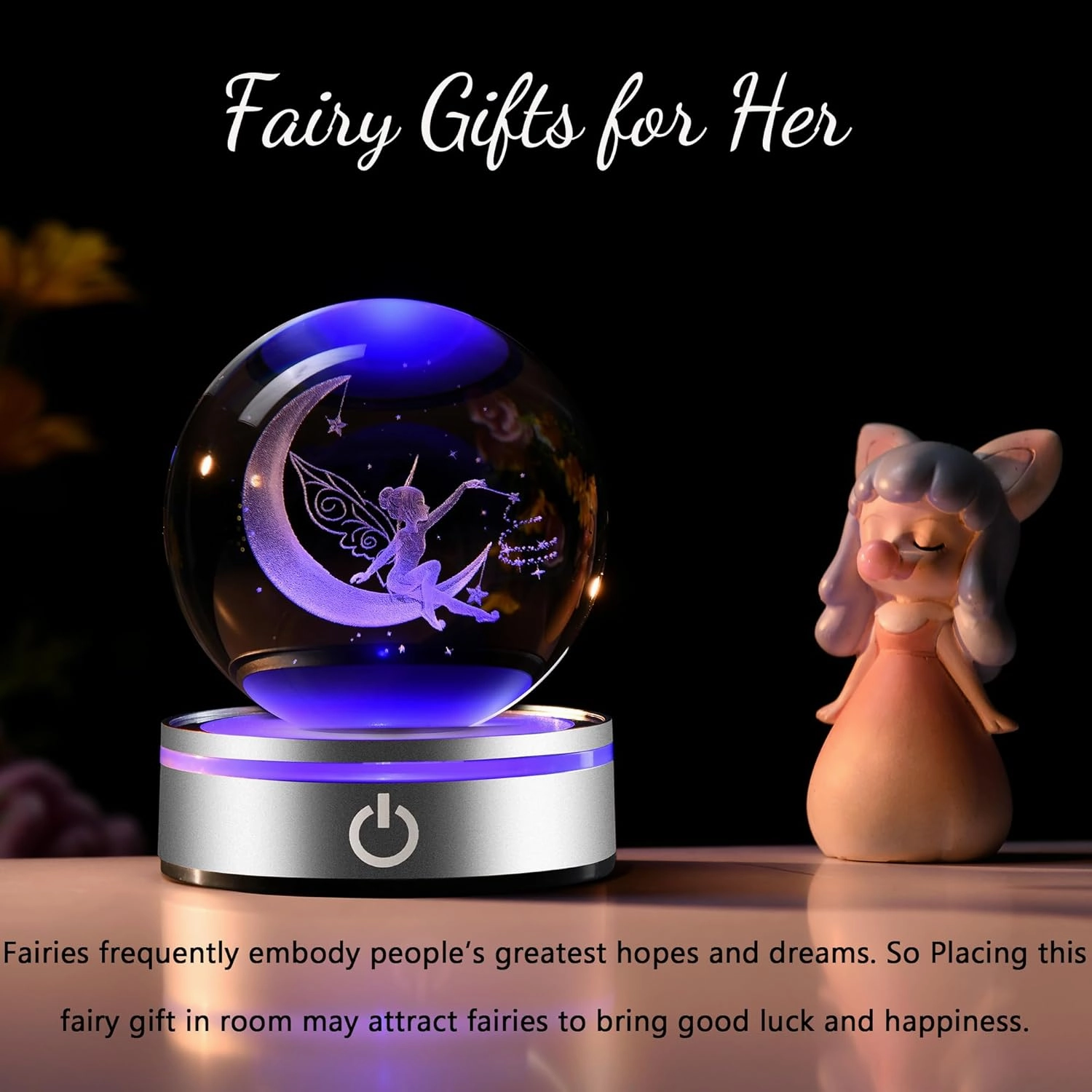 IFOLAINA Moon Fairy Crystal Ball 3D Laser Engraved Fairy Glass Ball Fairy Night Light Decorative Globes 3D Crystal Moon Sphere Fairy Gifts for Girl Her Fairy Lover, 1163Z