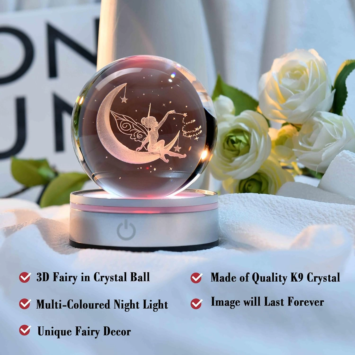 IFOLAINA Moon Fairy Crystal Ball 3D Laser Engraved Fairy Glass Ball Fairy Night Light Decorative Globes 3D Crystal Moon Sphere Fairy Gifts for Girl Her Fairy Lover, 1163Z
