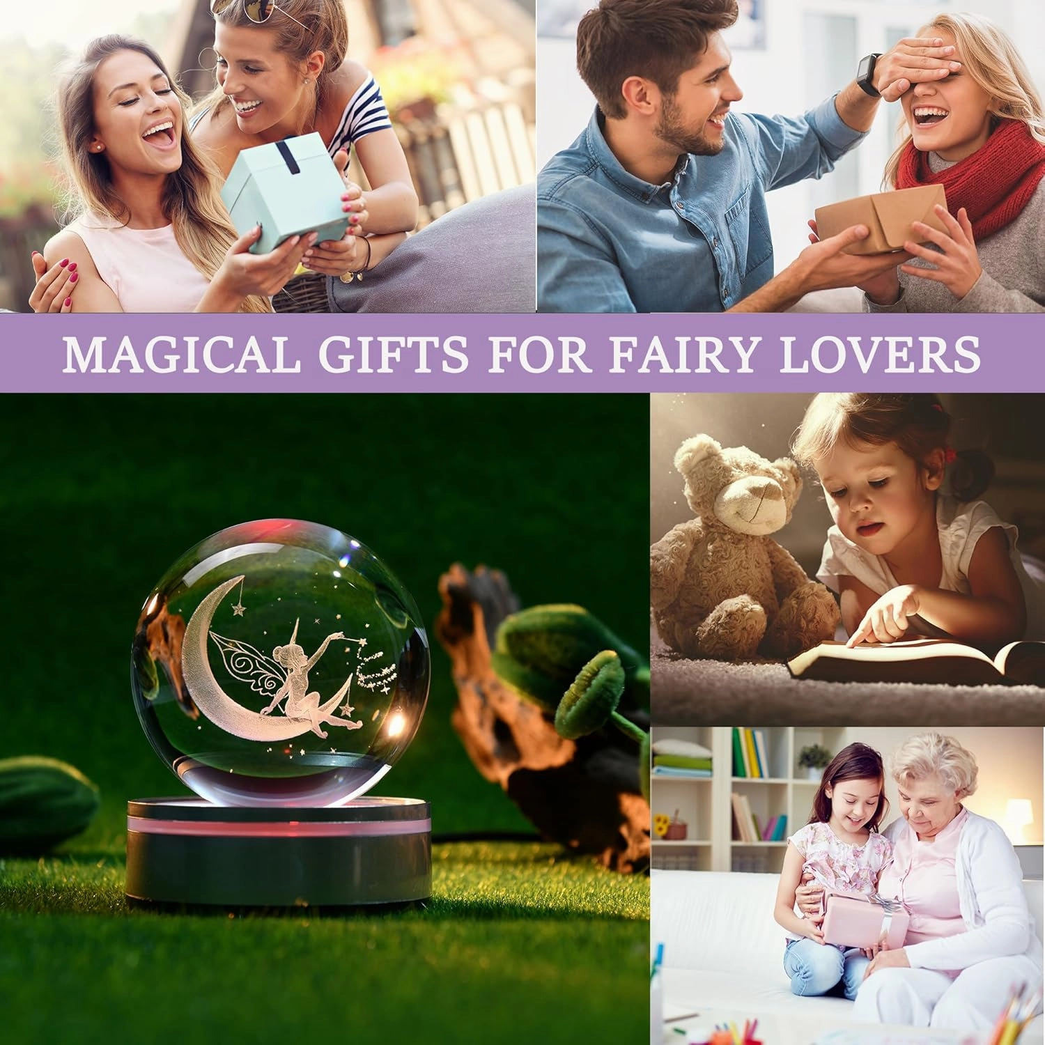 IFOLAINA Moon Fairy Crystal Ball 3D Laser Engraved Fairy Glass Ball Fairy Night Light Decorative Globes 3D Crystal Moon Sphere Fairy Gifts for Girl Her Fairy Lover, 1163Z