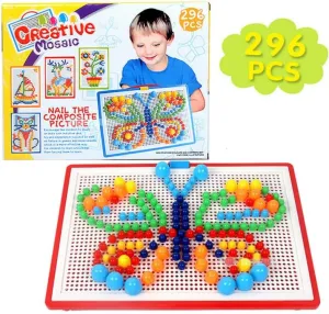 ifundom 296pcs Mushroom Nail Puzzle Counting Peg Board Mosaic Pegboard Portable Puzzle Table Jigsaw Table Peg Boards Riddle Plank Desk Button