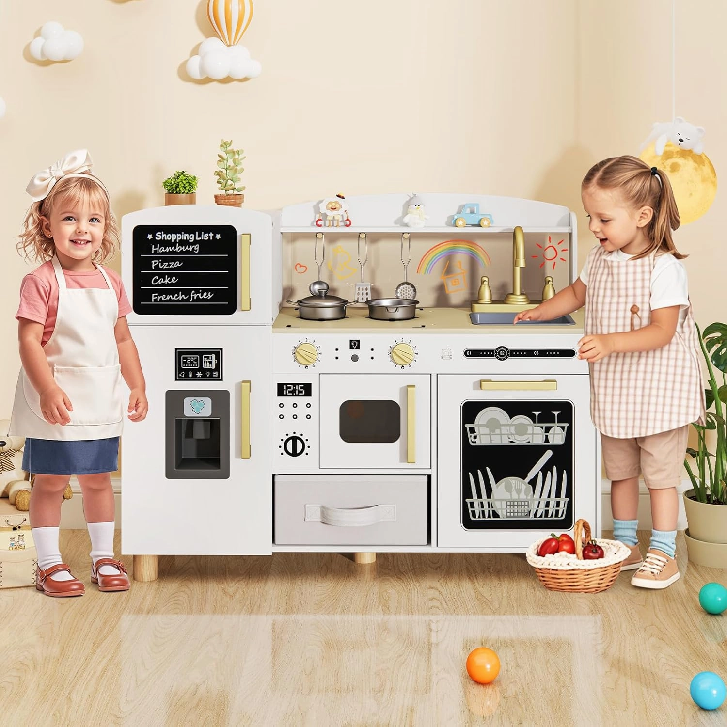 INFANS Kids Kitchen Playset, Toddler Wooden Pretend Cooking Toy Set with Acrylic Drawing Board Ice Machine Dishwasher Cloth Drawer Stove Removable Sink Simulation Play Kitchen for Boys Girls (White)