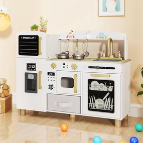 INFANS Kids Kitchen Playset, Toddler Wooden Pretend Cooking Toy Set with Acrylic Drawing Board Ice Machine Dishwasher Cloth Drawer Stove Removable Sink Simulation Play Kitchen for Boys Girls (White)