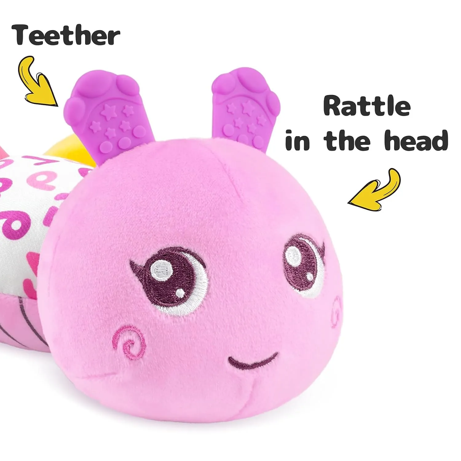 Infant Baby Musical Stuffed Animal Activity Soft Toys with Multi-Sensory Crinkle, Rattle and Textures, for Tummy Time Newborn 0-3-6-12 Months Girls, Caterpillar, Red & DeepPink