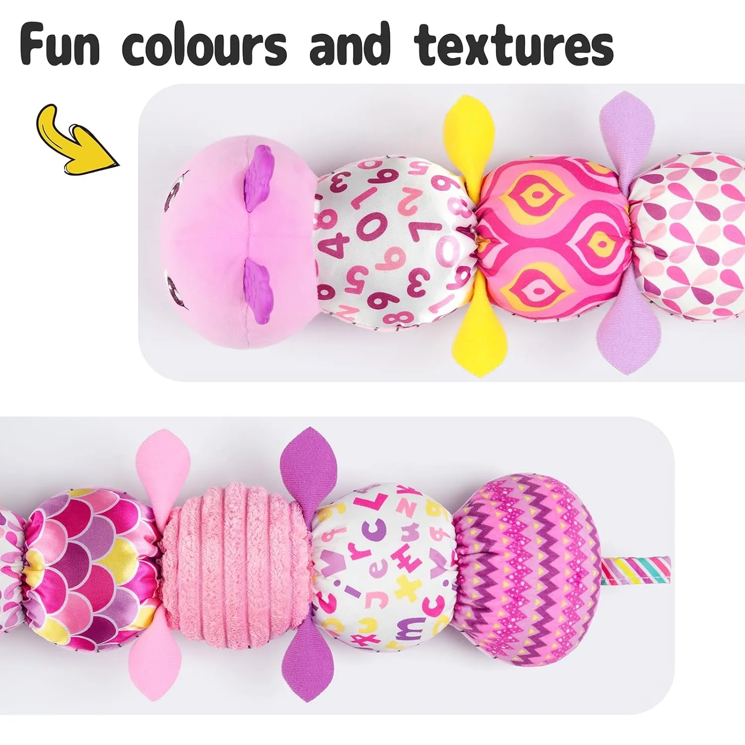 Infant Baby Musical Stuffed Animal Activity Soft Toys with Multi-Sensory Crinkle, Rattle and Textures, for Tummy Time Newborn 0-3-6-12 Months Girls, Caterpillar, Red & DeepPink
