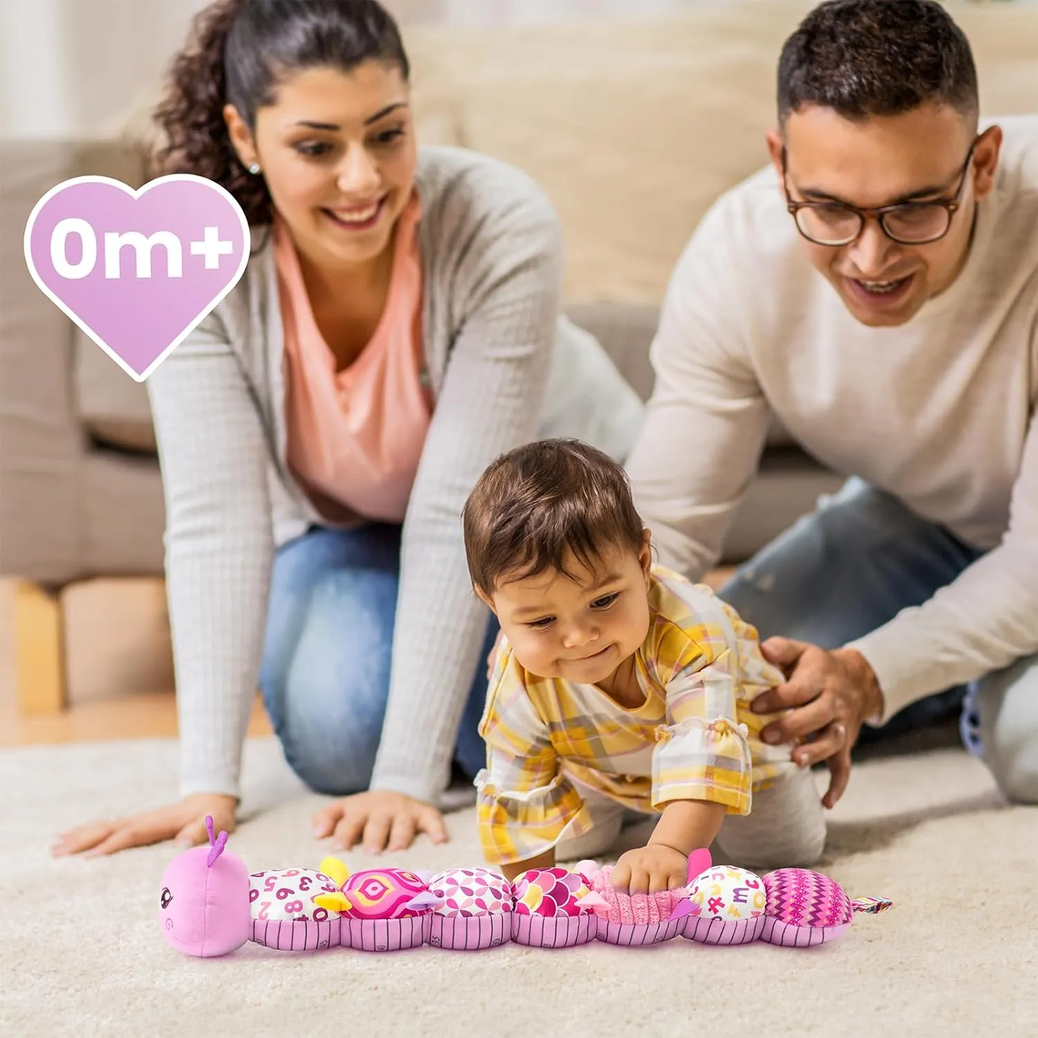 Infant Baby Musical Stuffed Animal Activity Soft Toys with Multi-Sensory Crinkle, Rattle and Textures, for Tummy Time Newborn 0-3-6-12 Months Girls, Caterpillar, Red & DeepPink