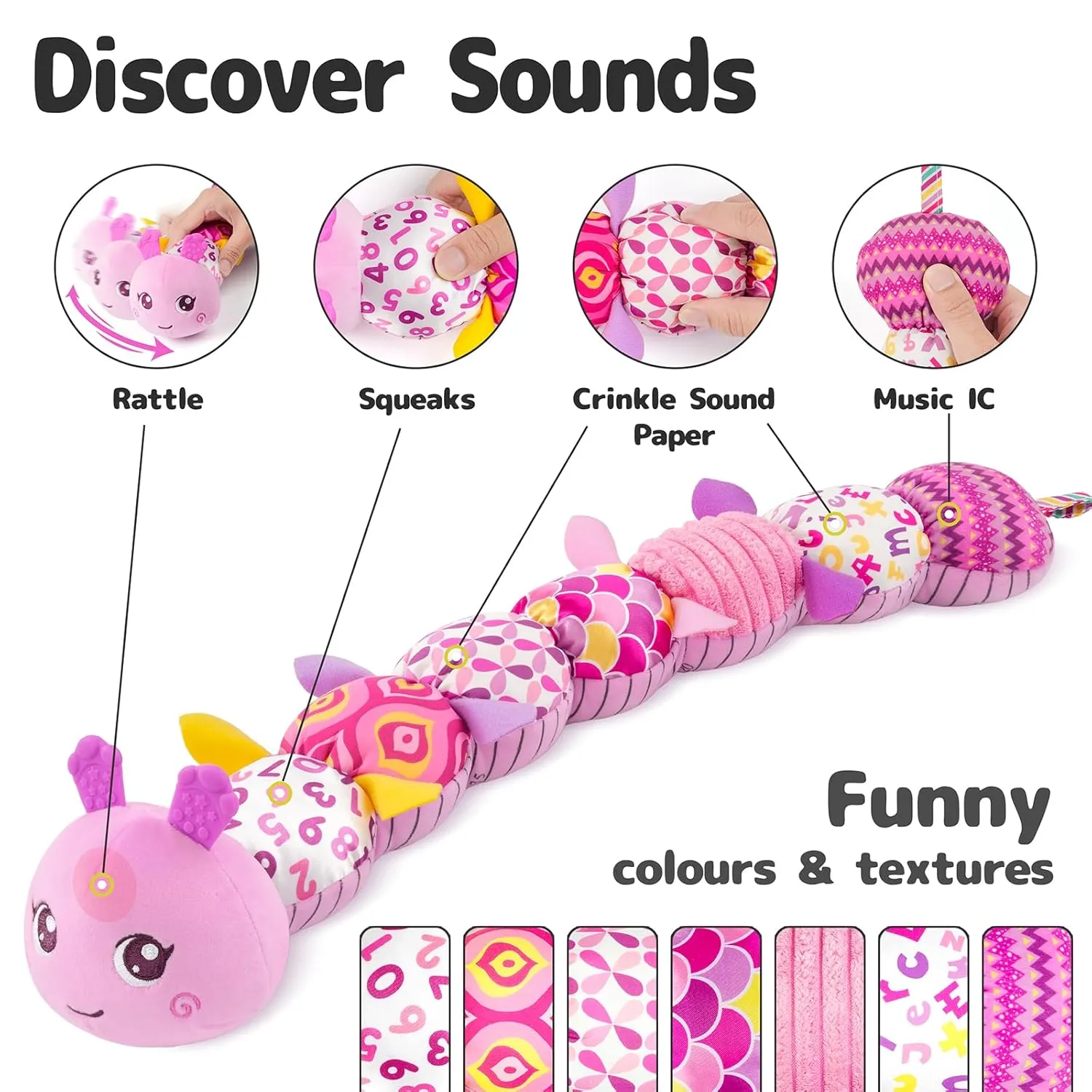 Infant Baby Musical Stuffed Animal Activity Soft Toys with Multi-Sensory Crinkle, Rattle and Textures, for Tummy Time Newborn 0-3-6-12 Months Girls, Caterpillar, Red & DeepPink