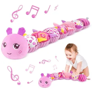 Infant Baby Musical Stuffed Animal Activity Soft Toys with Multi-Sensory Crinkle, Rattle and Textures, for Tummy Time Newborn 0-3-6-12 Months Girls, Caterpillar, Red & DeepPink