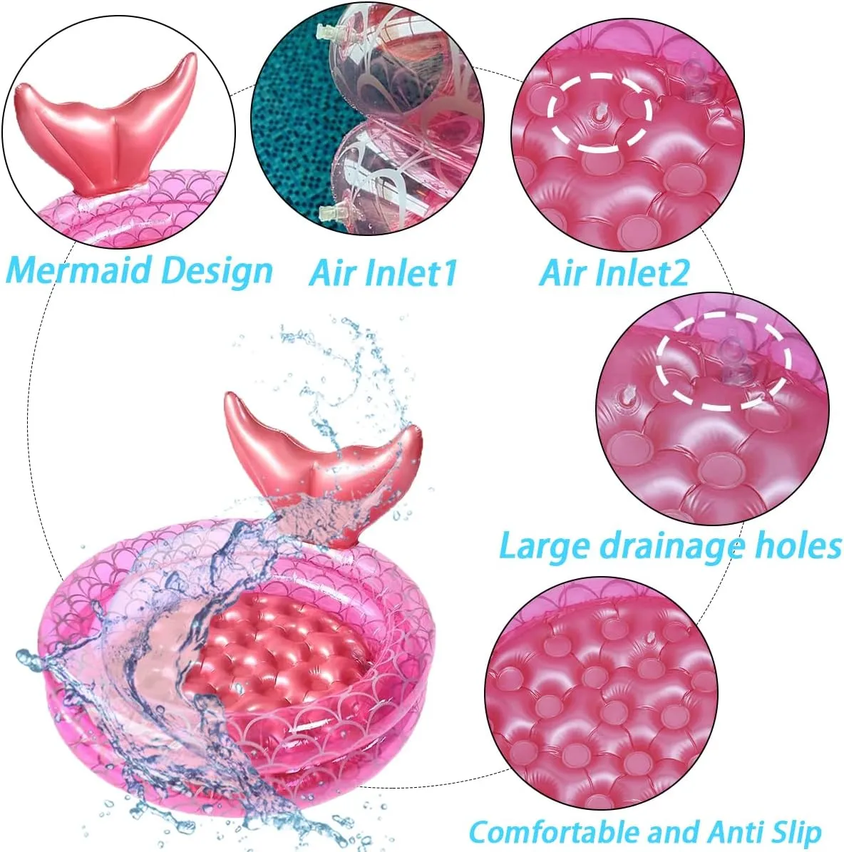 Inflatable Kiddie Pools Mermaid, Backyard Round Swimming Pool for Kids, Cute Raft Paddling Pool Indoor&Outdoor Toddler Fun Water Swim Beach Floaties Toys Fishing Pond Ball Pit Pool