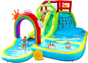 Inflatable Water Double Slides Park with Blower, Bouncy Castle with Rainbow Water Curtain, with Shooting and Rock Climbing