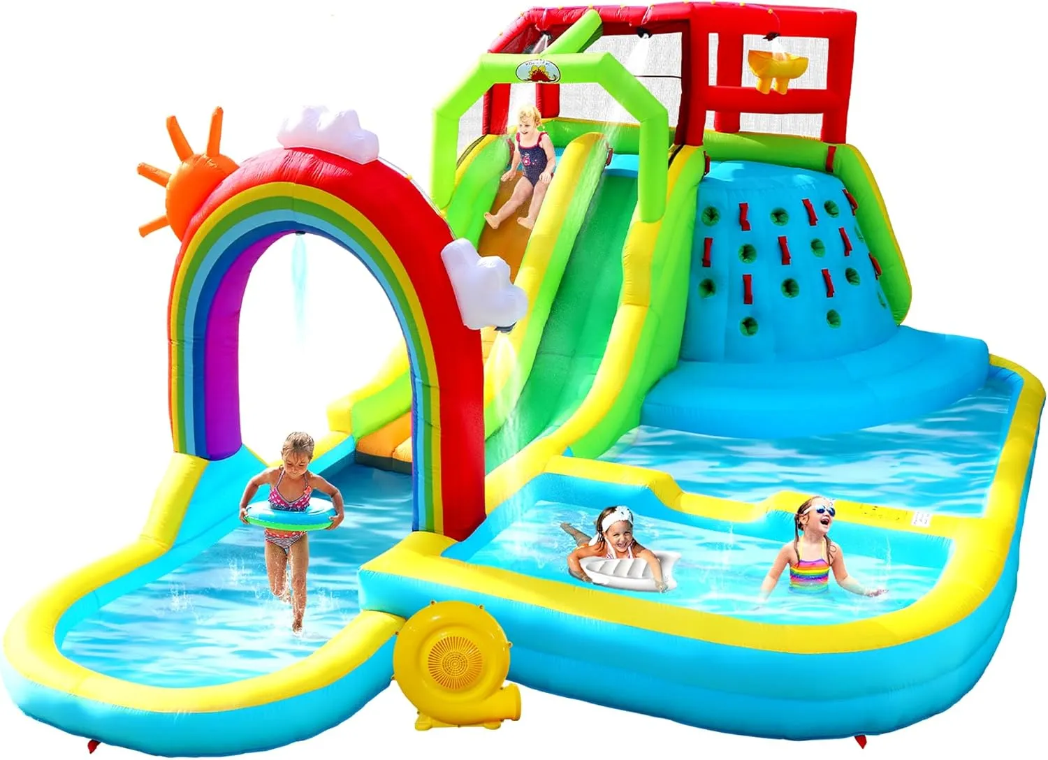 Inflatable Water Double Slides Park with Blower, Bouncy Castle with Rainbow Water Curtain, with Shooting and Rock Climbing