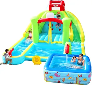 Inflatable Water Double Slides Park with Blower, Bouncy Castle with Rock Climbing, Inflatable Pool, Basketball, Large Deep Pool and Water Guns
