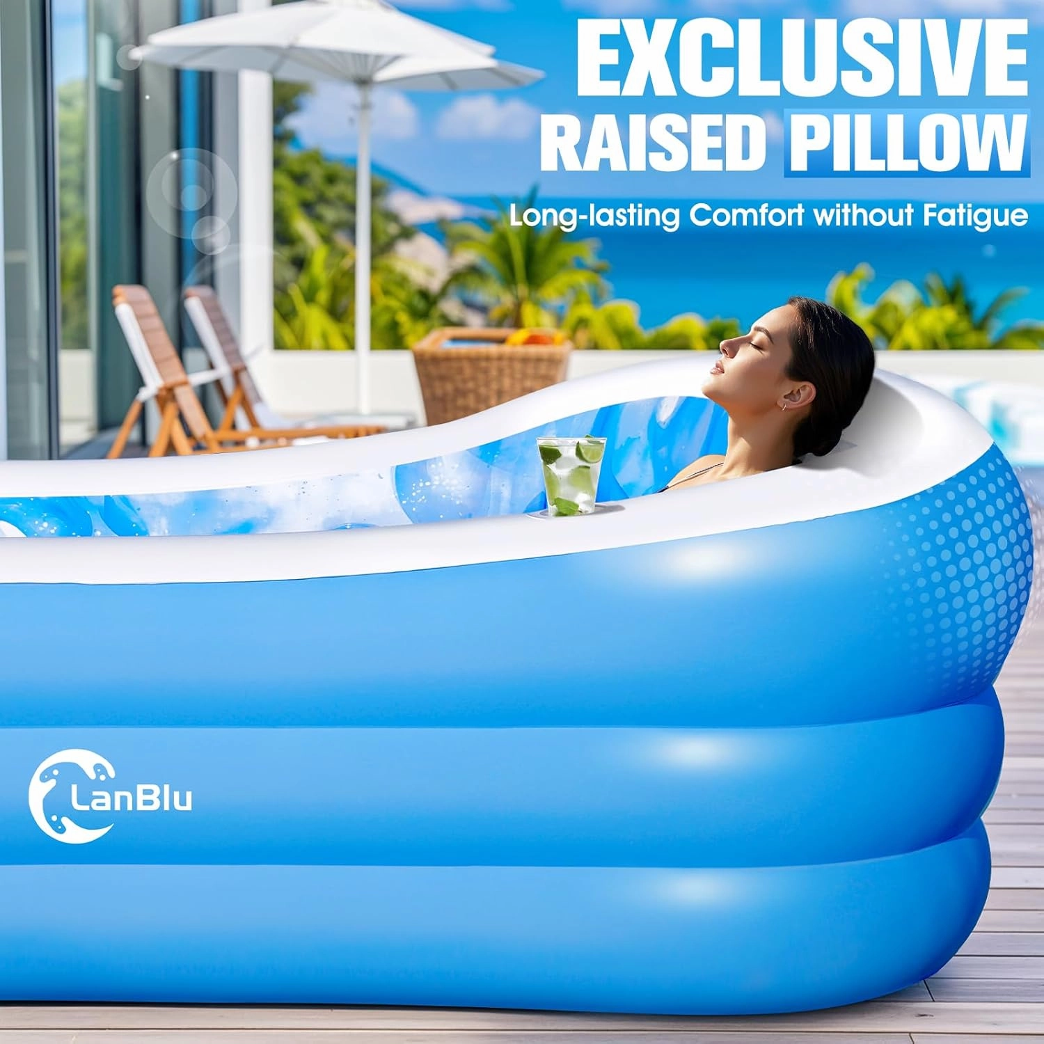 Inflatable Pool with Big Backrest and Seat,Oversized Thickened Large Blow Up Pool for Adults,Inflatable Backyard Pools for Kid and Adult,105"x65"x25"Durable Swimming Pools (LightBlue)