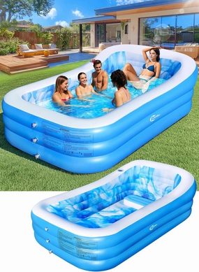 Inflatable Pool with Big Backrest and Seat,Oversized Thickened Large Blow Up Pool for Adults,Inflatable Backyard Pools for Kid and Adult,105"x65"x25"Durable Swimming Pools (LightBlue)