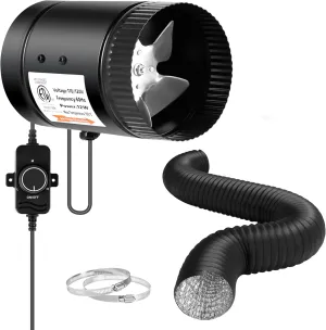iPower 4'' Inline Booster Duct Fan with Speed Controller and Flexible Aluminum Ducting 8 Feet for HVAC Exhaust Ventilation, Bathroom, Attic, Basement and Kitchen, Low Noise